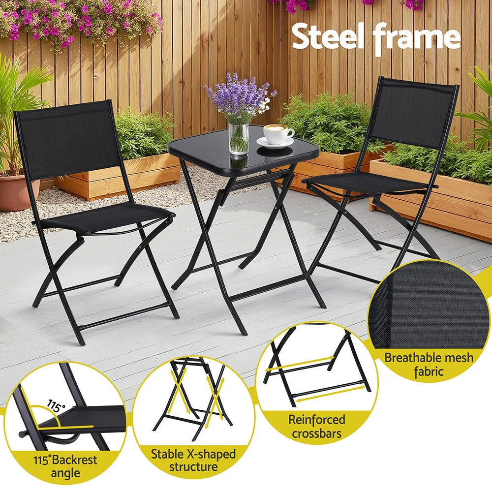 Gardeon Outdoor Bistro Set Folding Table and Chairs Patio Furniture Garden Steel Black - Mekamart Australia