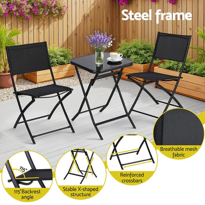 Gardeon Outdoor Bistro Set Folding Table and Chairs Patio Furniture Garden Steel Black - Mekamart Australia