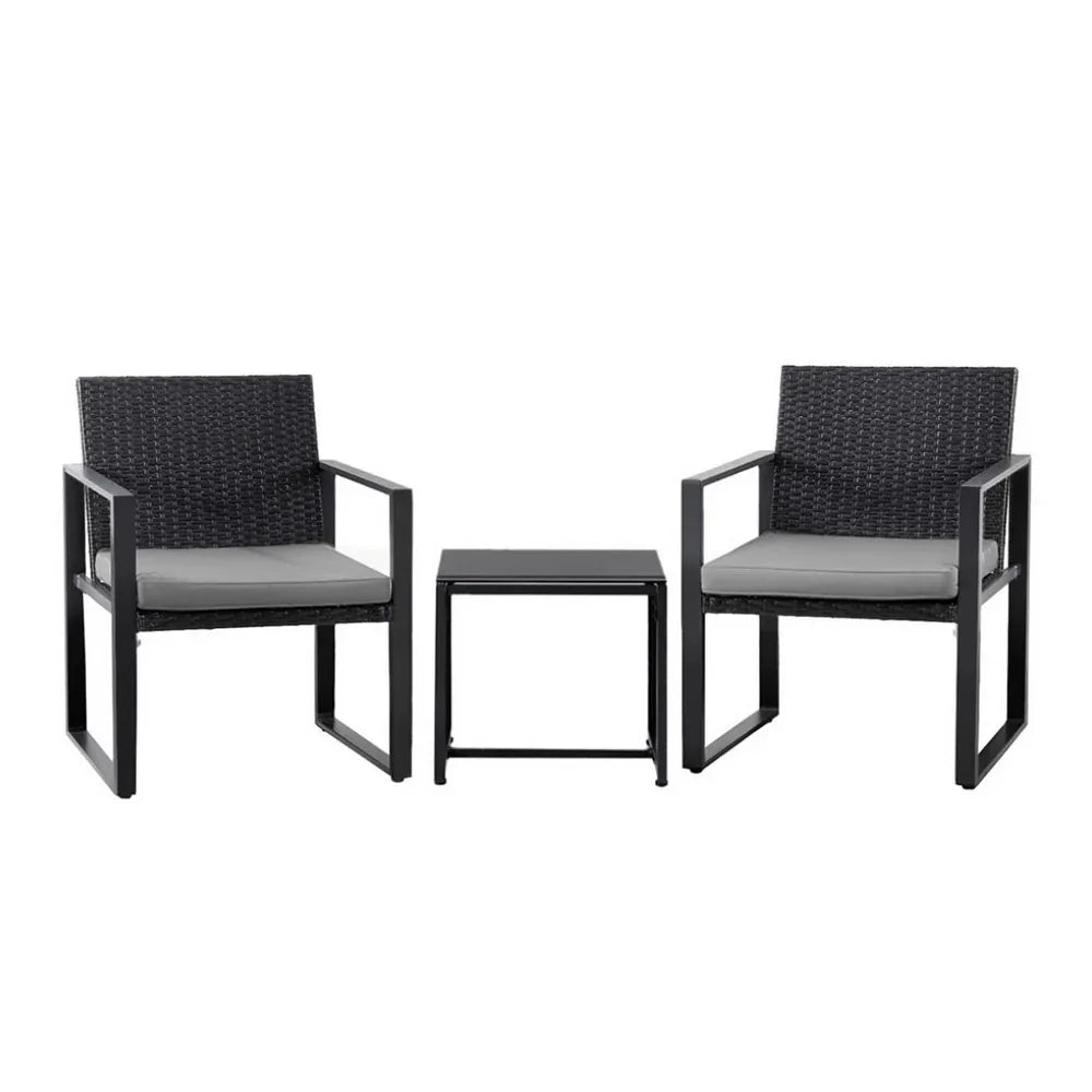 Gardeon 3PC Outdoor Bistro Set Patio Furniture Wicker Dining Chairs Table Cushion Black - Mekamart Australia
