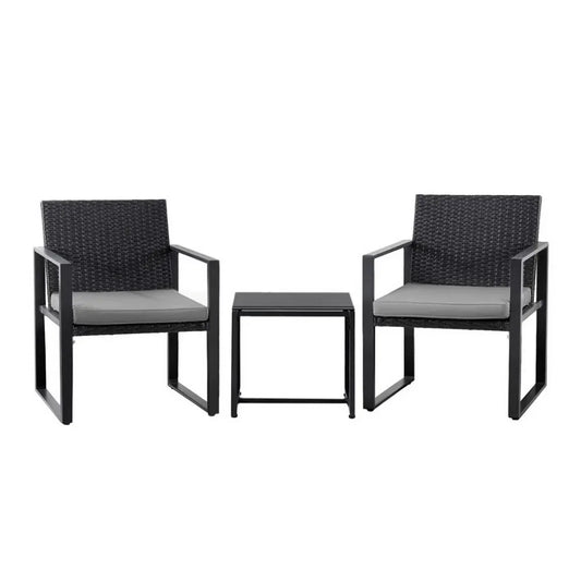 Gardeon 3PC Outdoor Bistro Set Patio Furniture Wicker Dining Chairs Table Cushion Black - Mekamart Australia