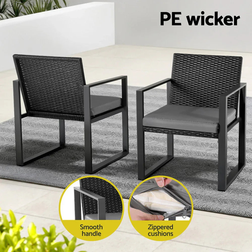 Gardeon 3PC Outdoor Bistro Set Patio Furniture Wicker Dining Chairs Table Cushion Black - Mekamart Australia