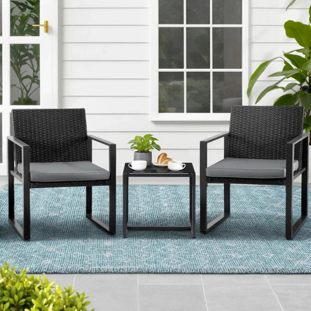Gardeon 3PC Outdoor Bistro Set Patio Furniture Wicker Dining Chairs Table Cushion Black - Mekamart Australia