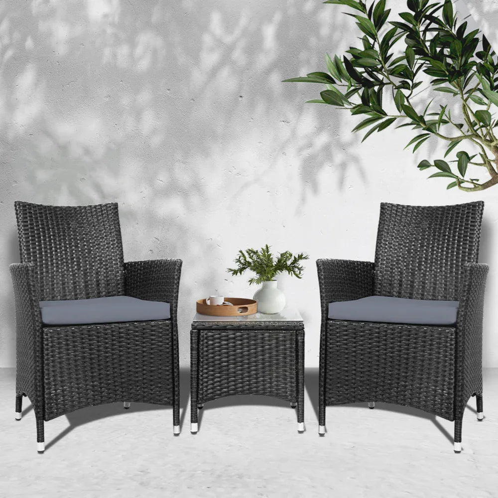 Gardeon 3PC Outdoor Bistro Set Patio Furniture Wicker Setting Chairs Table Cushion Black - Mekamart Australia