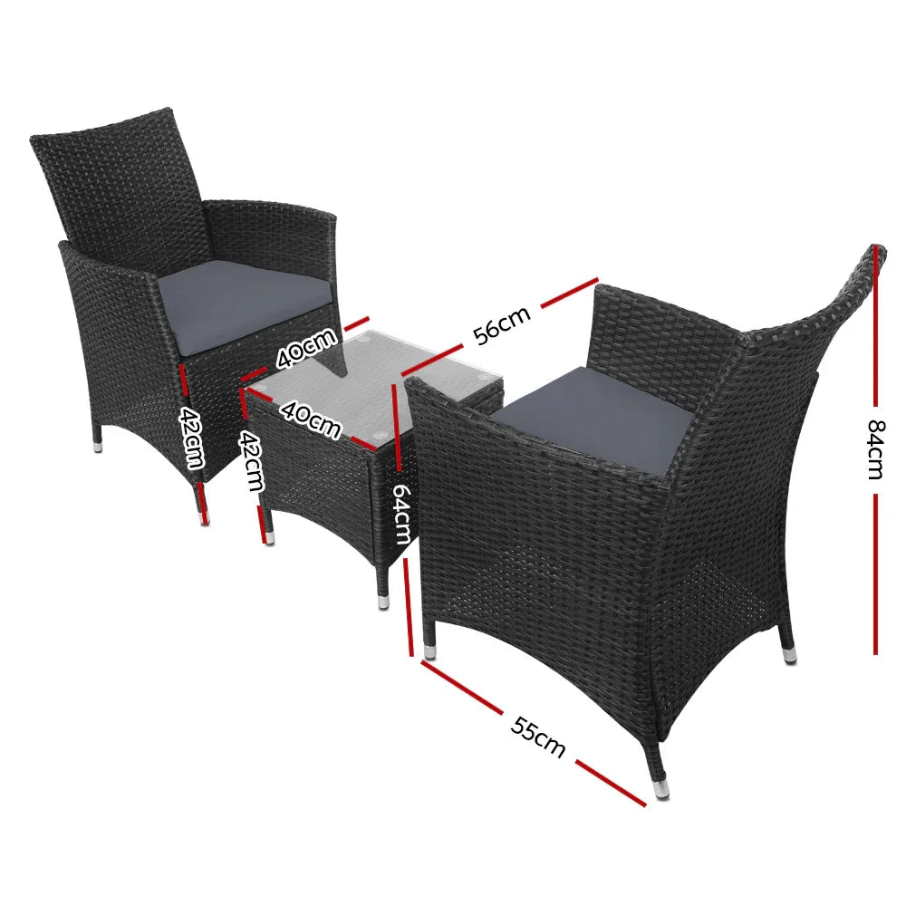 Gardeon 3PC Outdoor Bistro Set Patio Furniture Wicker Setting Chairs Table Cushion Black - Mekamart Australia