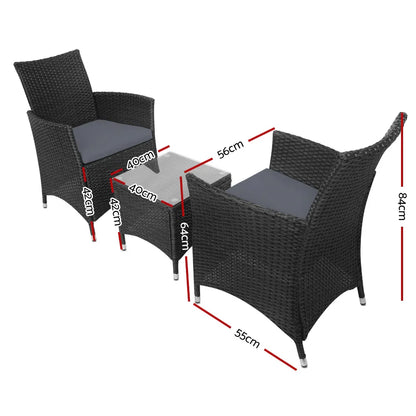 Gardeon 3PC Outdoor Bistro Set Patio Furniture Wicker Setting Chairs Table Cushion Black - Mekamart Australia