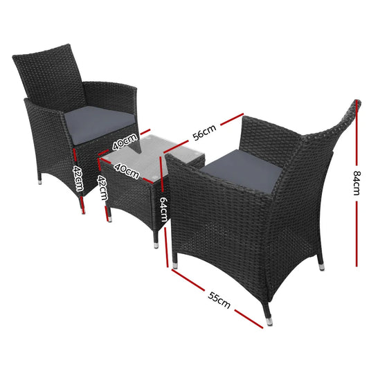 Gardeon 3PC Outdoor Bistro Set Patio Furniture Wicker Setting Chairs Table Cushion Black - Mekamart Australia