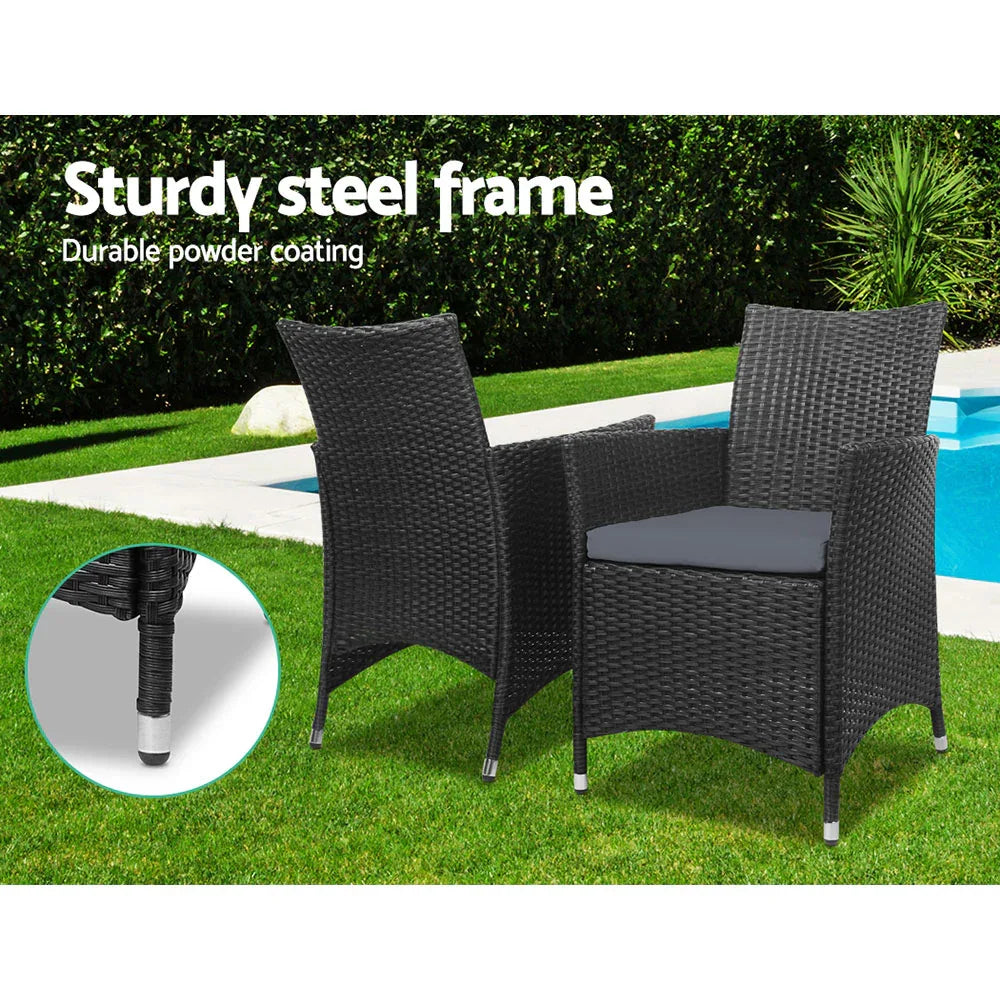 Gardeon 3PC Outdoor Bistro Set Patio Furniture Wicker Setting Chairs Table Cushion Black - Mekamart Australia