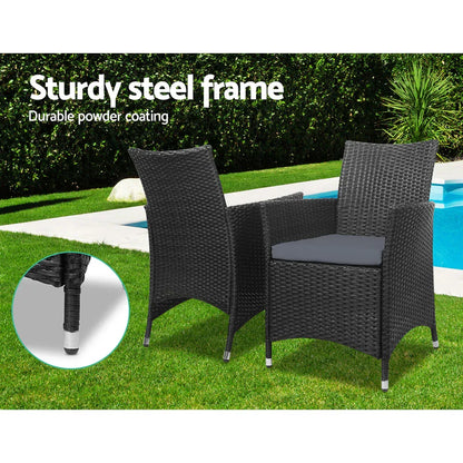 Gardeon 3PC Outdoor Bistro Set Patio Furniture Wicker Setting Chairs Table Cushion Black - Mekamart Australia