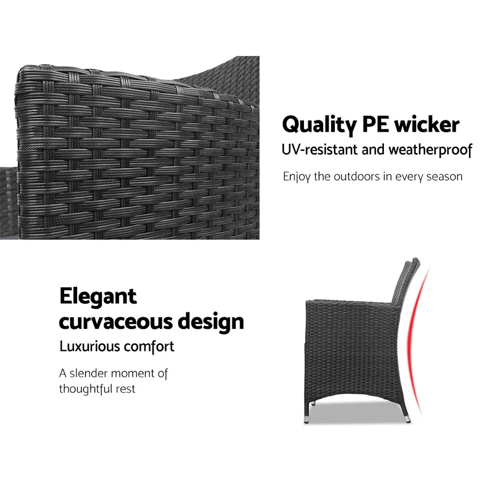Gardeon 3PC Outdoor Bistro Set Patio Furniture Wicker Setting Chairs Table Cushion Black - Mekamart Australia