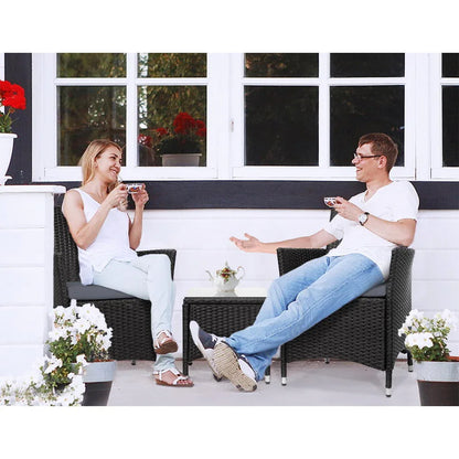 Gardeon 3PC Outdoor Bistro Set Patio Furniture Wicker Setting Chairs Table Cushion Black - Mekamart Australia