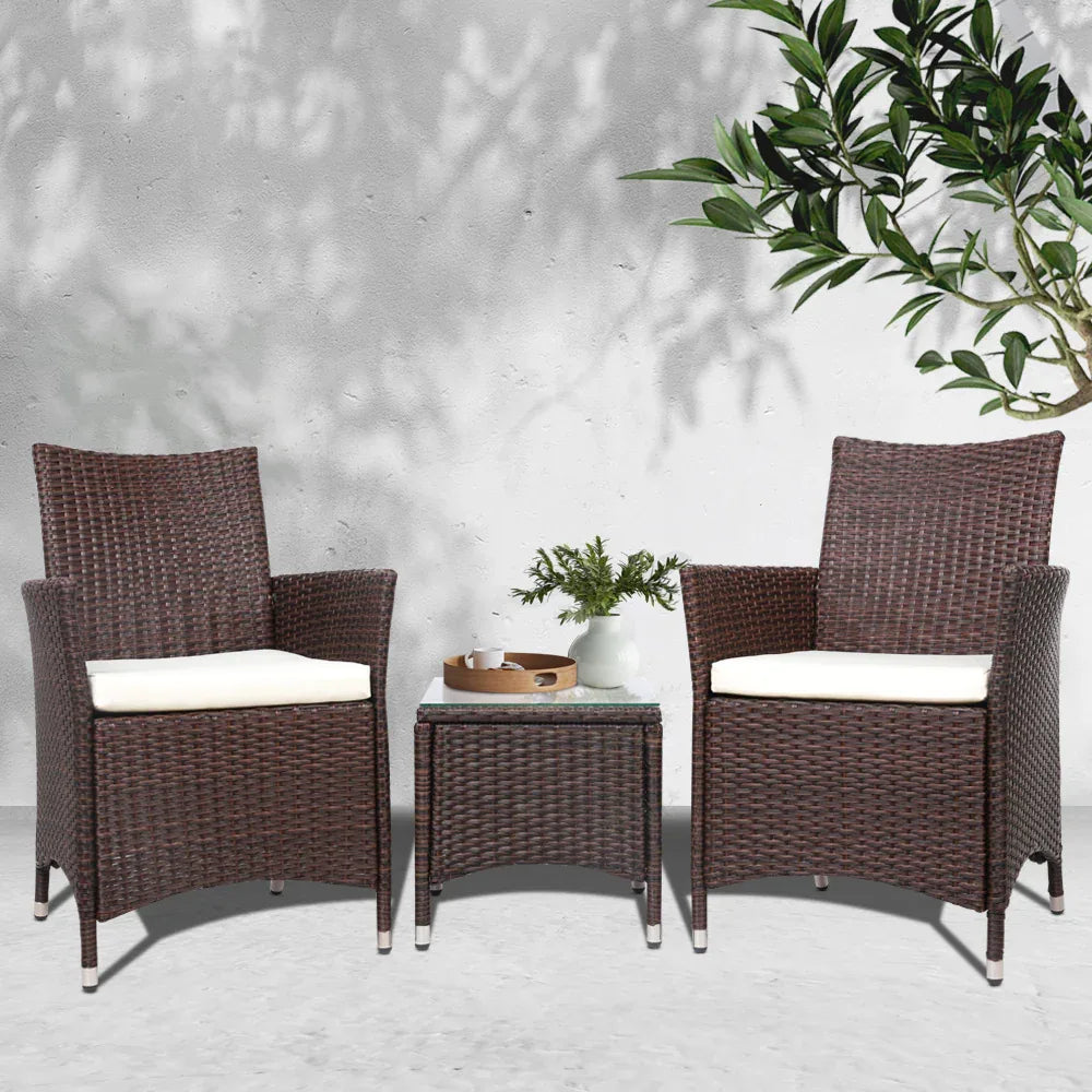 Gardeon 3PC Outdoor Bistro Set Patio Furniture Wicker Setting Chairs Table Cushion Brown - Mekamart Australia