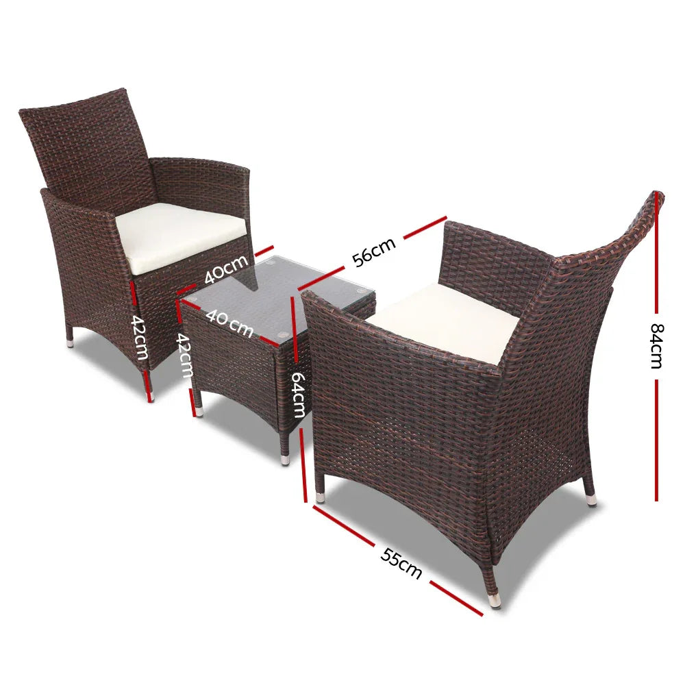Gardeon 3PC Outdoor Bistro Set Patio Furniture Wicker Setting Chairs Table Cushion Brown - Mekamart Australia
