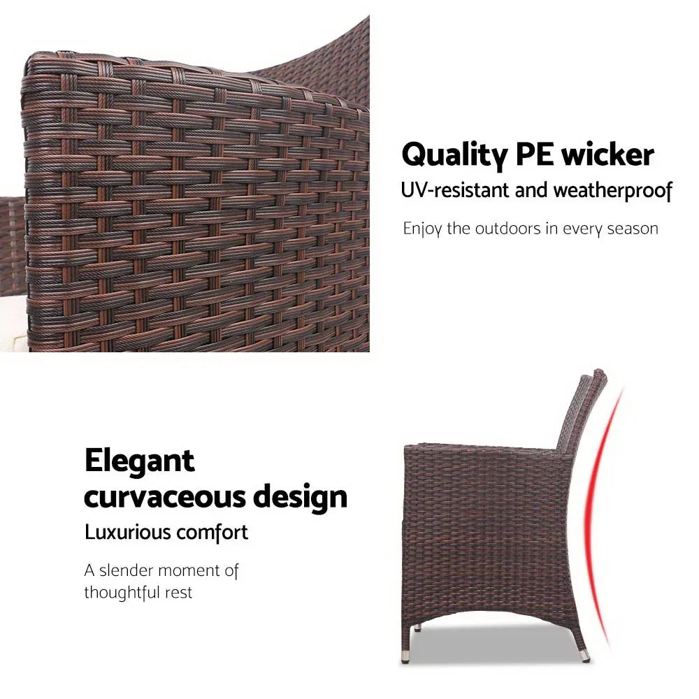 Gardeon 3PC Outdoor Bistro Set Patio Furniture Wicker Setting Chairs Table Cushion Brown - Mekamart Australia