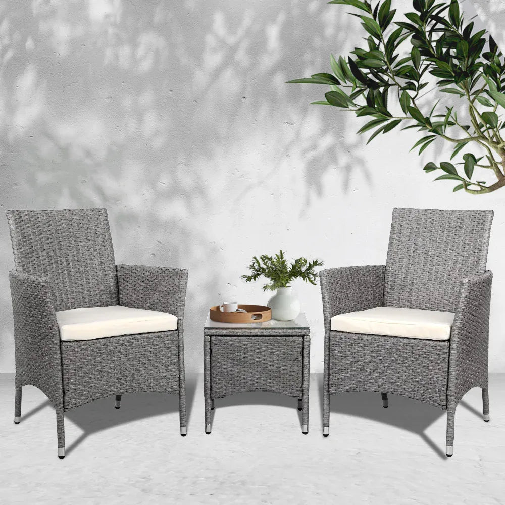 Gardeon 3PC Outdoor Bistro Set Patio Furniture Wicker Setting Chairs Table Cushion Grey - Mekamart Australia