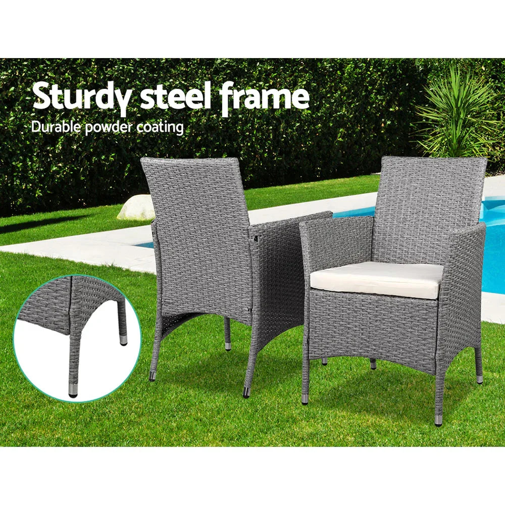 Gardeon 3PC Outdoor Bistro Set Patio Furniture Wicker Setting Chairs Table Cushion Grey - Mekamart Australia