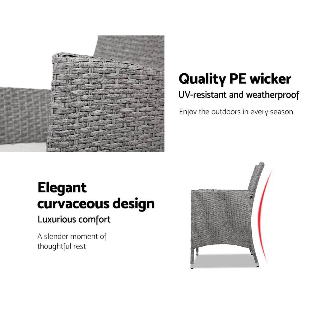 Gardeon 3PC Outdoor Bistro Set Patio Furniture Wicker Setting Chairs Table Cushion Grey - Mekamart Australia