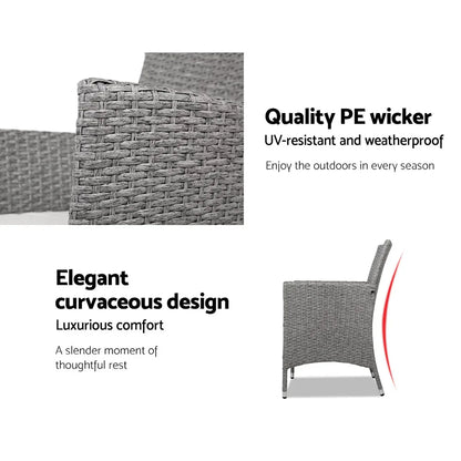 Gardeon 3PC Outdoor Bistro Set Patio Furniture Wicker Setting Chairs Table Cushion Grey - Mekamart Australia