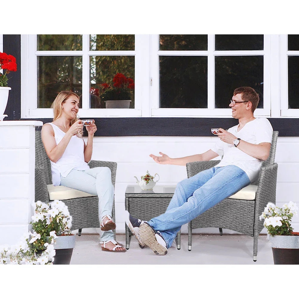 Gardeon 3PC Outdoor Bistro Set Patio Furniture Wicker Setting Chairs Table Cushion Grey - Mekamart Australia