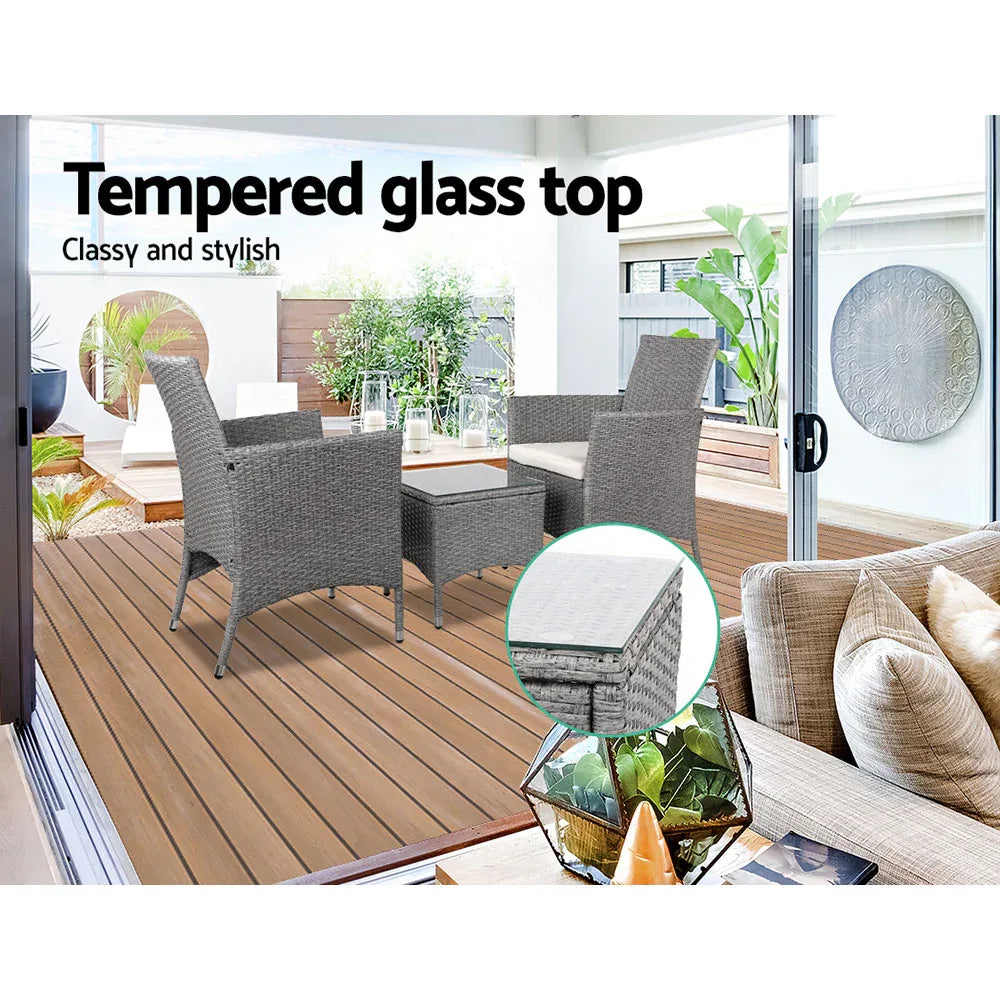 Gardeon 3PC Outdoor Bistro Set Patio Furniture Wicker Setting Chairs Table Cushion Grey - Mekamart Australia