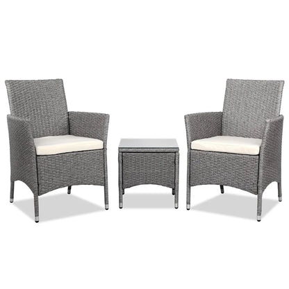 Gardeon 3PC Outdoor Bistro Set Patio Furniture Wicker Setting Chairs Table Cushion Grey - Mekamart Australia