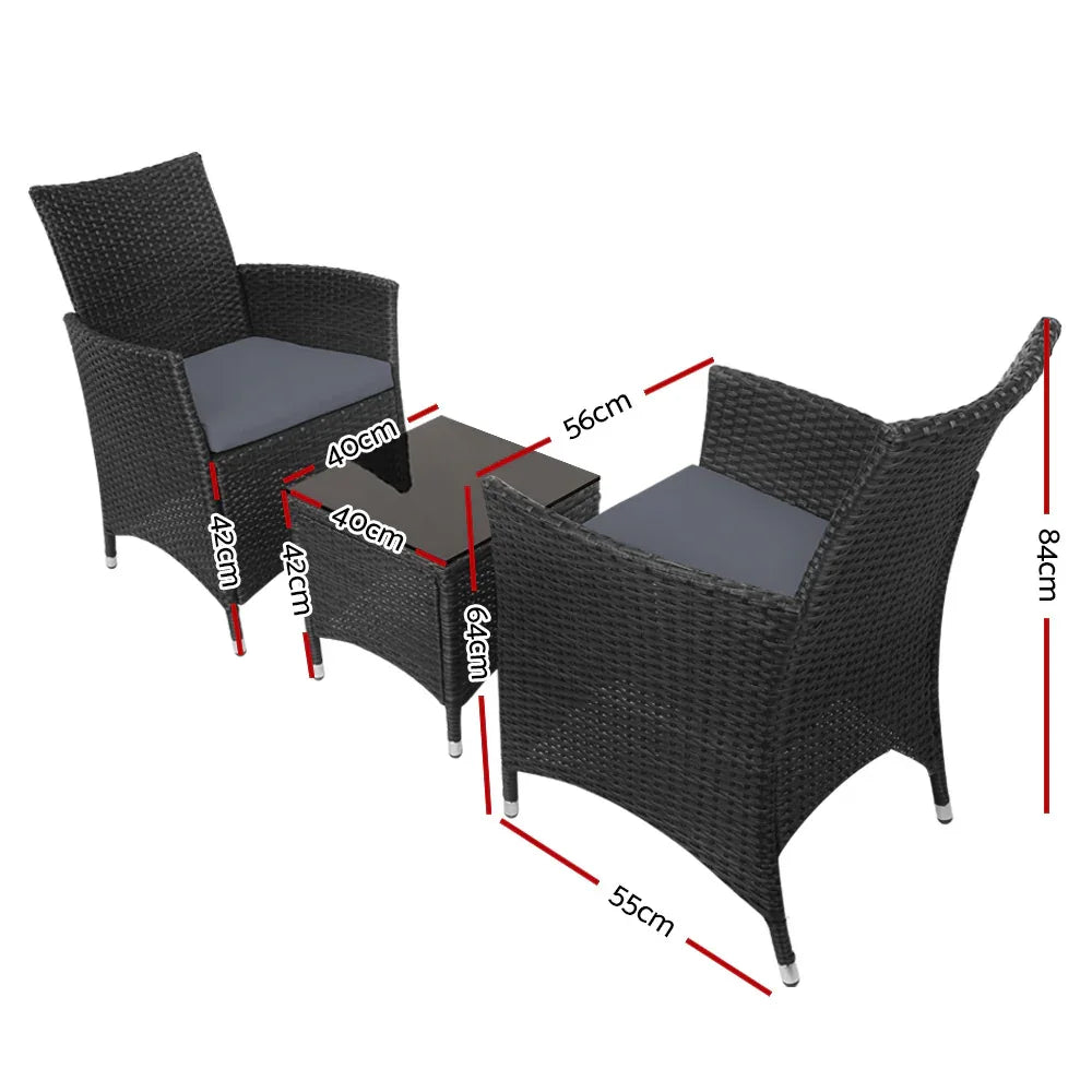 Gardeon 3PC Outdoor Bistro Set Patio Furniture Wicker Chairs Table Cushion All Black - Mekamart Australia