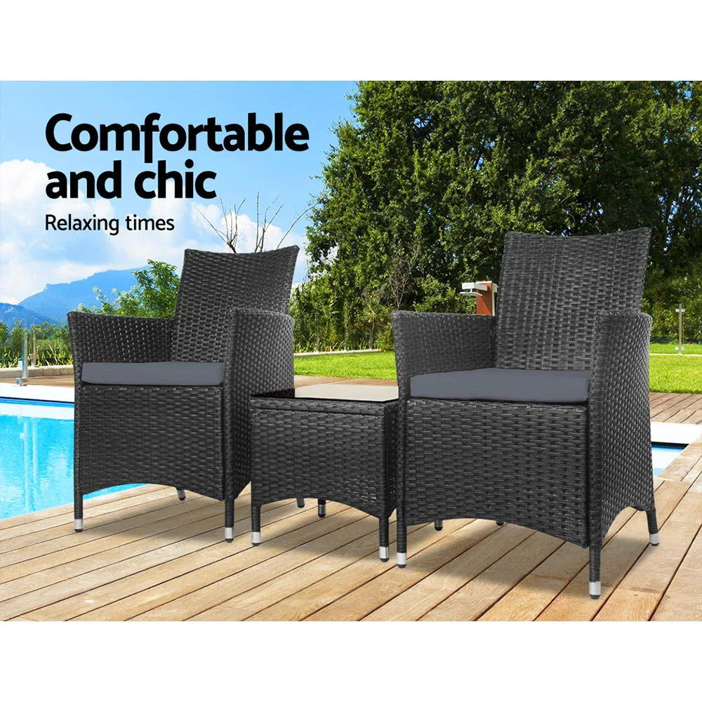 Gardeon 3PC Outdoor Bistro Set Patio Furniture Wicker Chairs Table Cushion All Black - Mekamart Australia