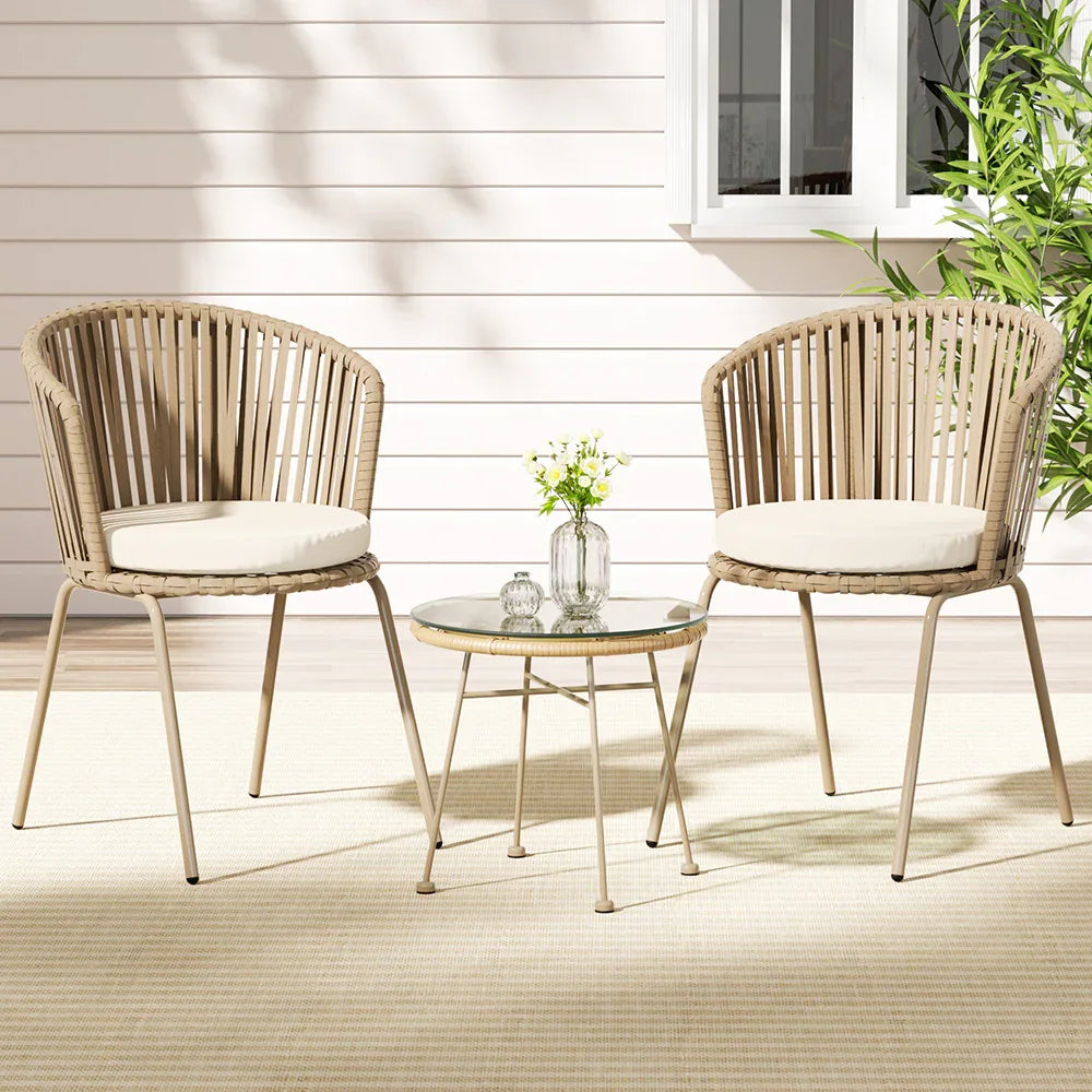 Gardeon 3PC Outdoor Bistro Set Patio Furniture Rope Setting Chairs Table Beige - Mekamart Australia