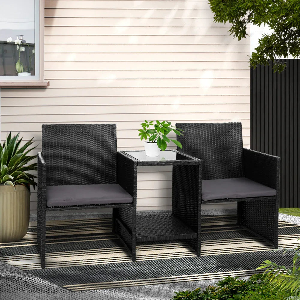 Gardeon Outdoor Setting Wicker Loveseat Birstro Set Patio Garden Furniture Black - Mekamart Australia