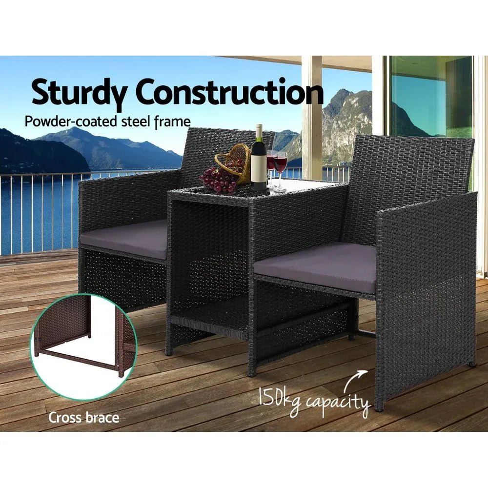 Gardeon Outdoor Setting Wicker Loveseat Birstro Set Patio Garden Furniture Black - Mekamart Australia