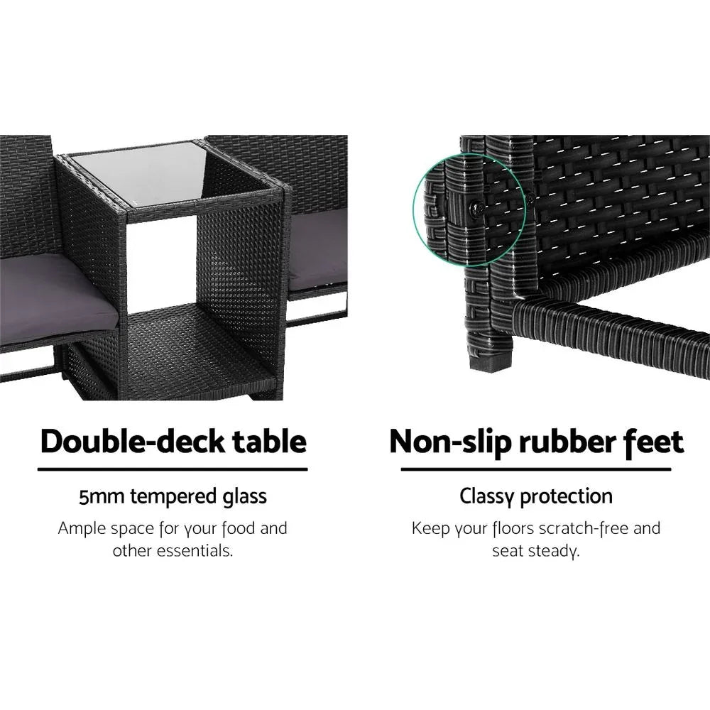 Gardeon Outdoor Setting Wicker Loveseat Birstro Set Patio Garden Furniture Black - Mekamart Australia