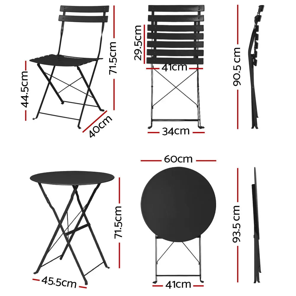 Gardeon 3PC Outdoor Bistro Set Steel Table and Chairs Patio Furniture Black - Mekamart Australia