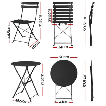 Gardeon 3PC Outdoor Bistro Set Steel Table and Chairs Patio Furniture Black - Mekamart Australia