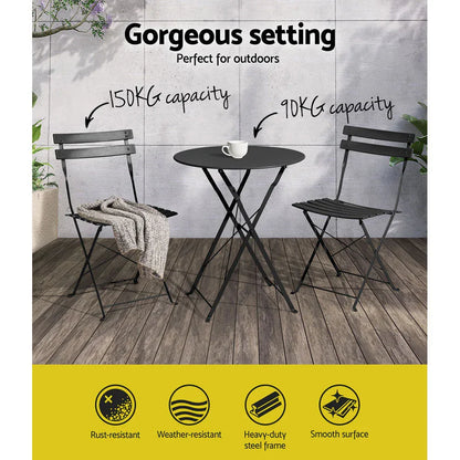 Gardeon 3PC Outdoor Bistro Set Steel Table and Chairs Patio Furniture Black - Mekamart Australia