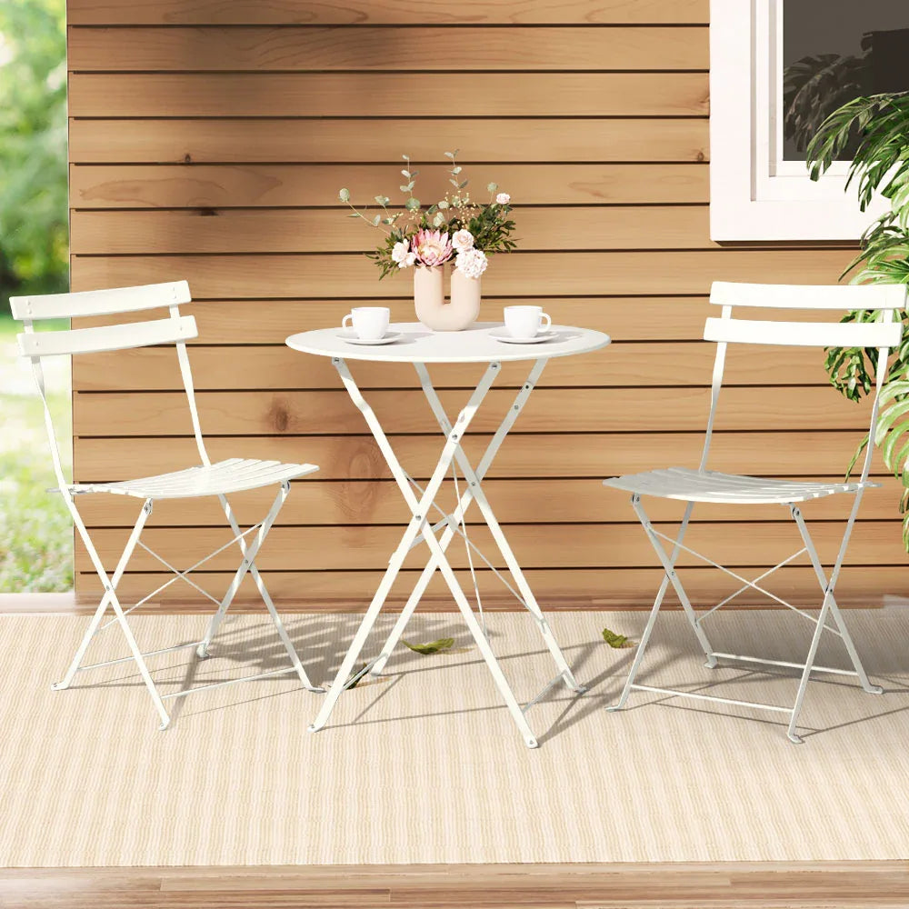 Gardeon 3PC Outdoor Bistro Set Steel Table and Chairs Patio Furniture White - Mekamart Australia