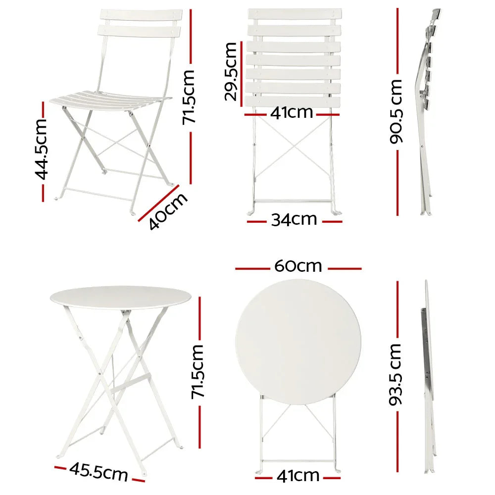 Gardeon 3PC Outdoor Bistro Set Steel Table and Chairs Patio Furniture White - Mekamart Australia