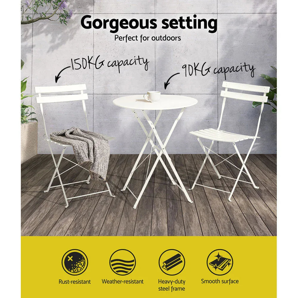 Gardeon 3PC Outdoor Bistro Set Steel Table and Chairs Patio Furniture White - Mekamart Australia