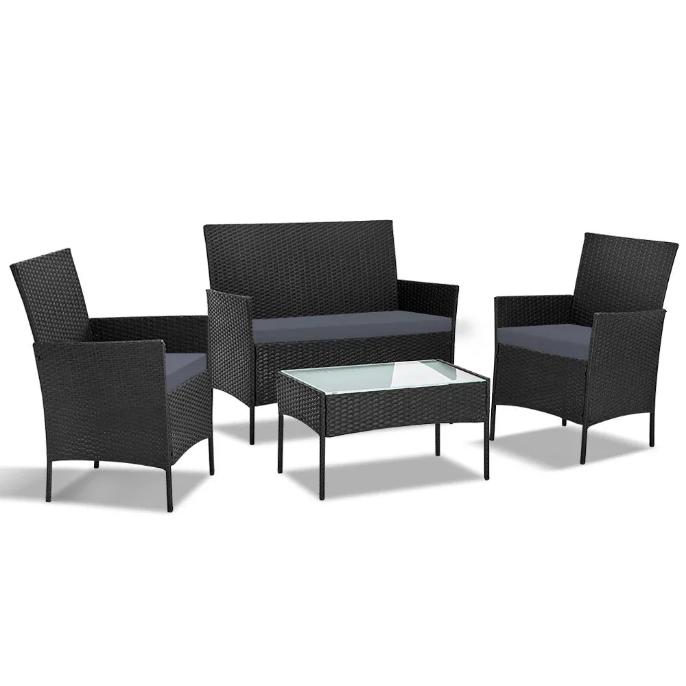 Gardeon 4 Seater Outdoor Sofa Set Wicker Setting Table Chair Furniture Black - Mekamart Australia