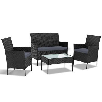 Gardeon 4 Seater Outdoor Sofa Set Wicker Setting Table Chair Furniture Black - Mekamart Australia