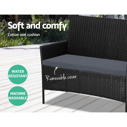 Gardeon 4 Seater Outdoor Sofa Set Wicker Setting Table Chair Furniture Black - Mekamart Australia