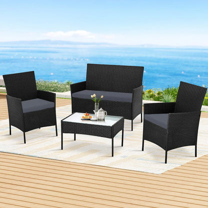 Gardeon 4 Seater Outdoor Sofa Set Wicker Setting Table Chair Furniture Black - Mekamart Australia