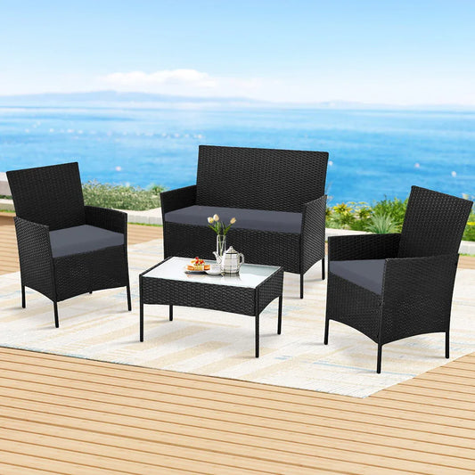 Gardeon 4 Seater Outdoor Sofa Set Wicker Setting Table Chair Furniture Black - Mekamart Australia