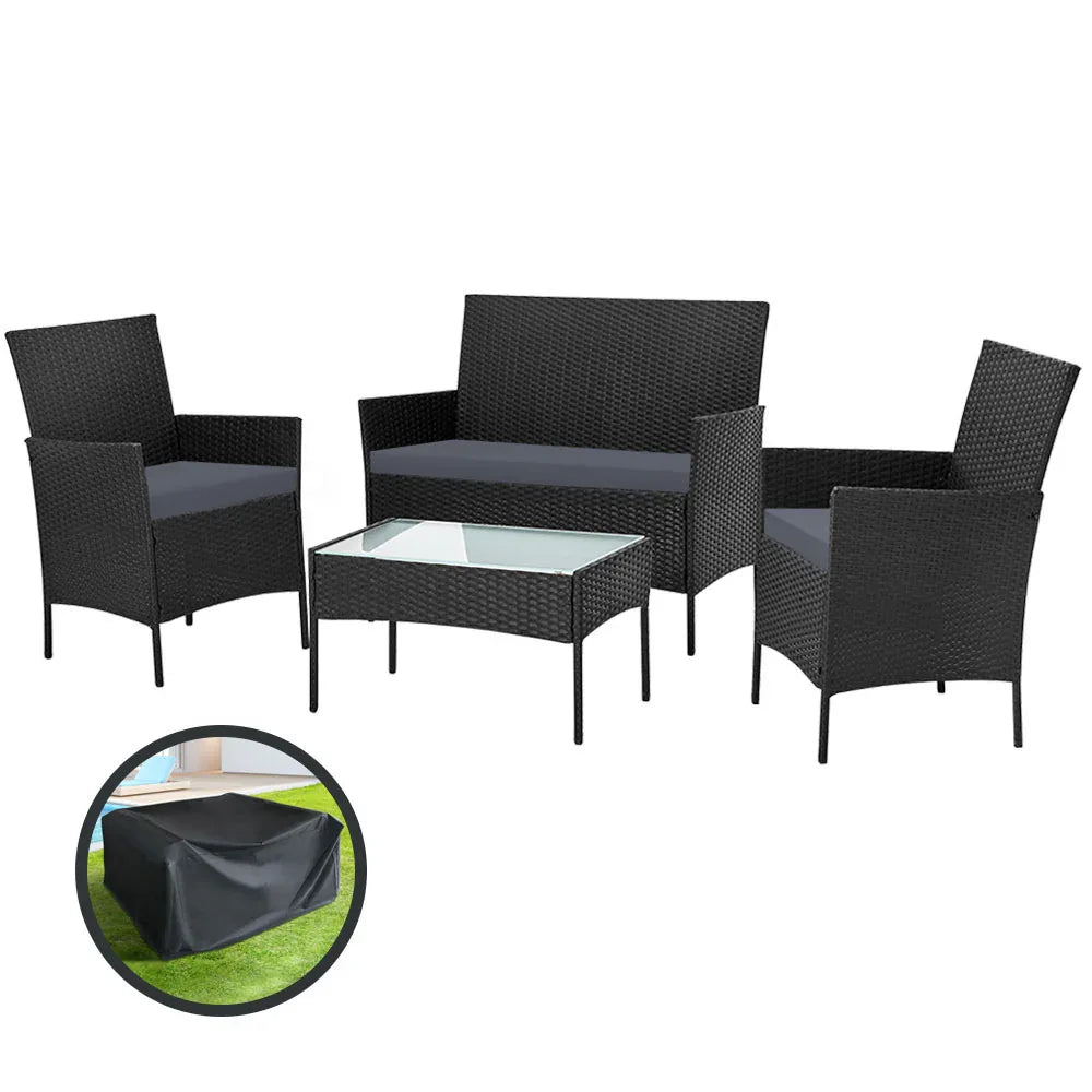 Gardeon 4 Seater Outdoor Sofa Set with Storage Cover Wicker Table Chair Black - Mekamart Australia