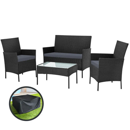 Gardeon 4 Seater Outdoor Sofa Set with Storage Cover Wicker Table Chair Black - Mekamart Australia