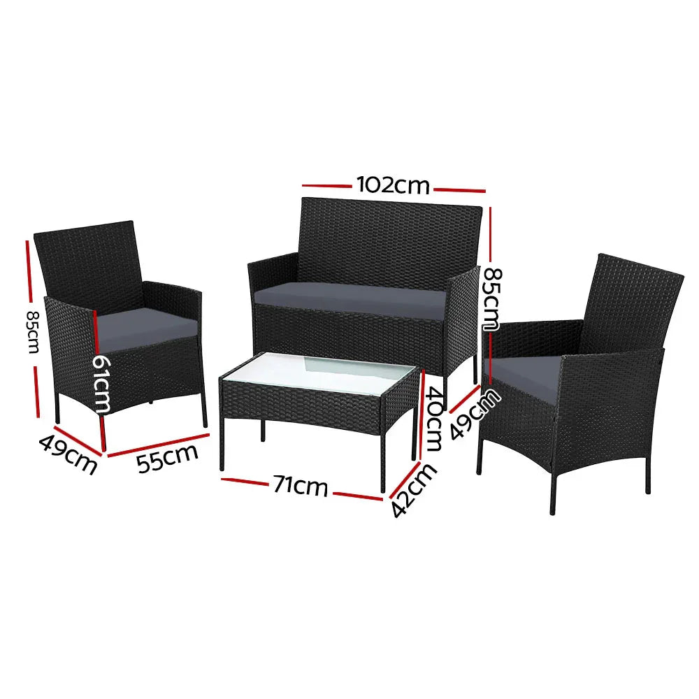 Gardeon 4 Seater Outdoor Sofa Set with Storage Cover Wicker Table Chair Black - Mekamart Australia