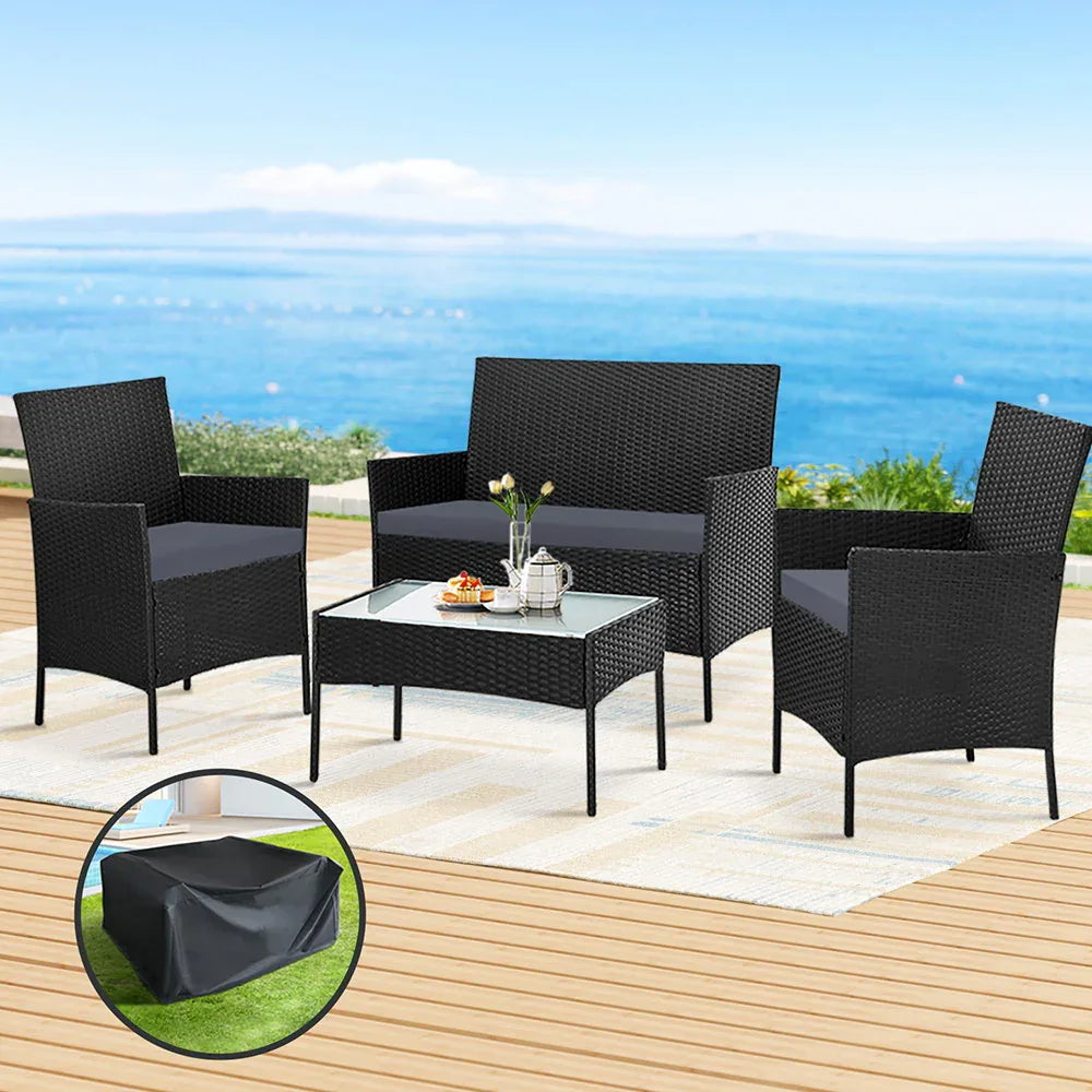 Gardeon 4 Seater Outdoor Sofa Set with Storage Cover Wicker Table Chair Black - Mekamart Australia