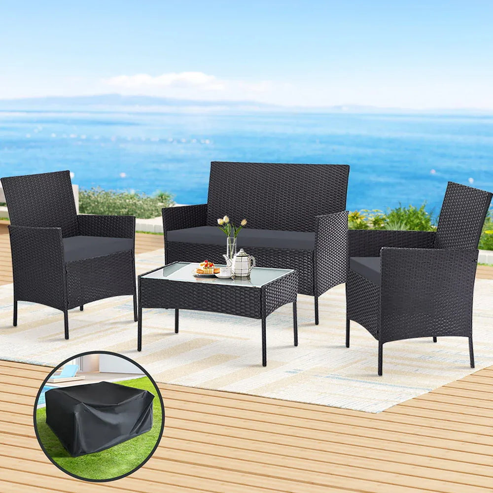 Gardeon 4 Seater Outdoor Sofa Set with Storage Cover Wicker Table Chair DarkGrey - Mekamart Australia