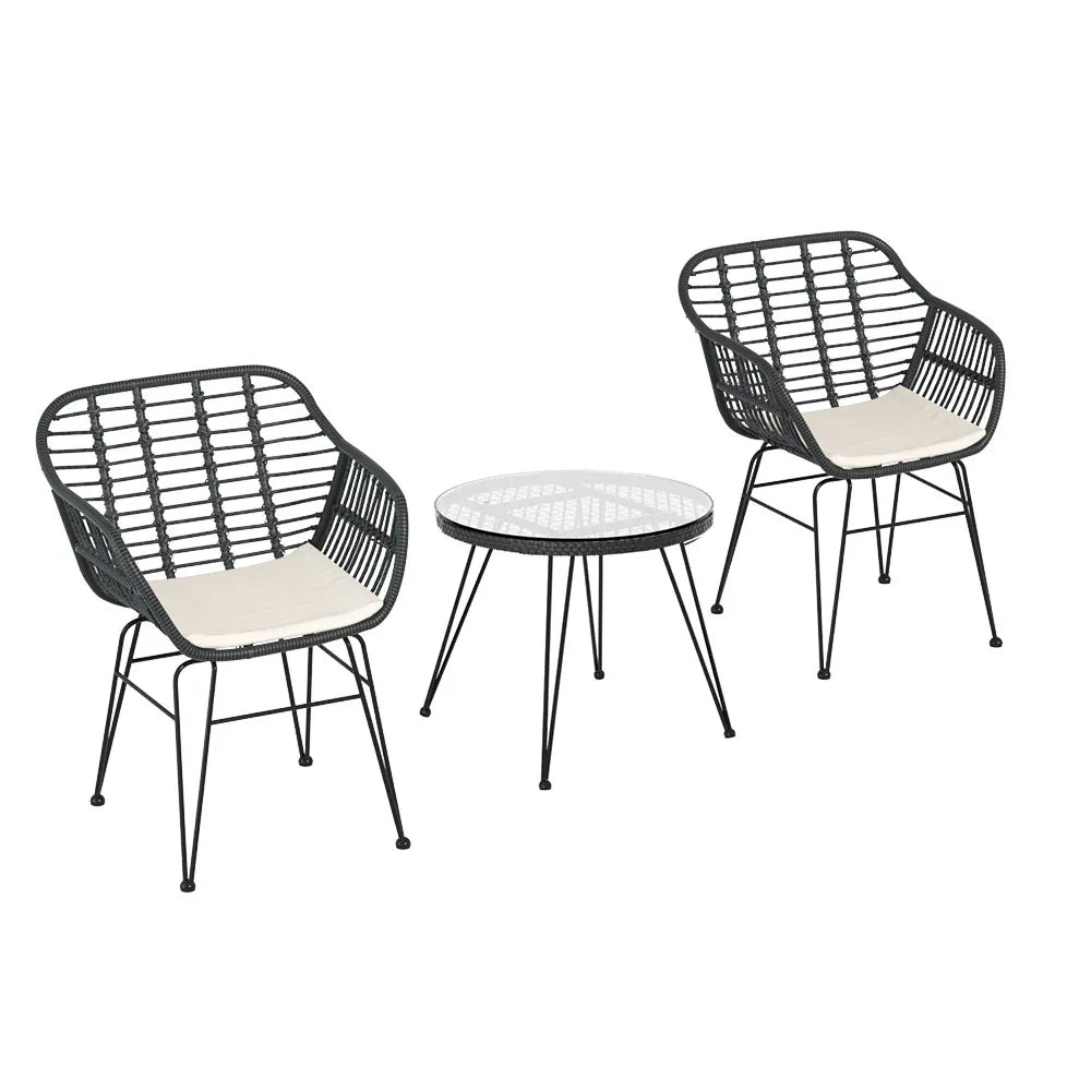 Gardeon 3PC Outdoor Furniture Bistro Set Lounge Setting Table Chairs Cushion Patio Grey - Mekamart Australia