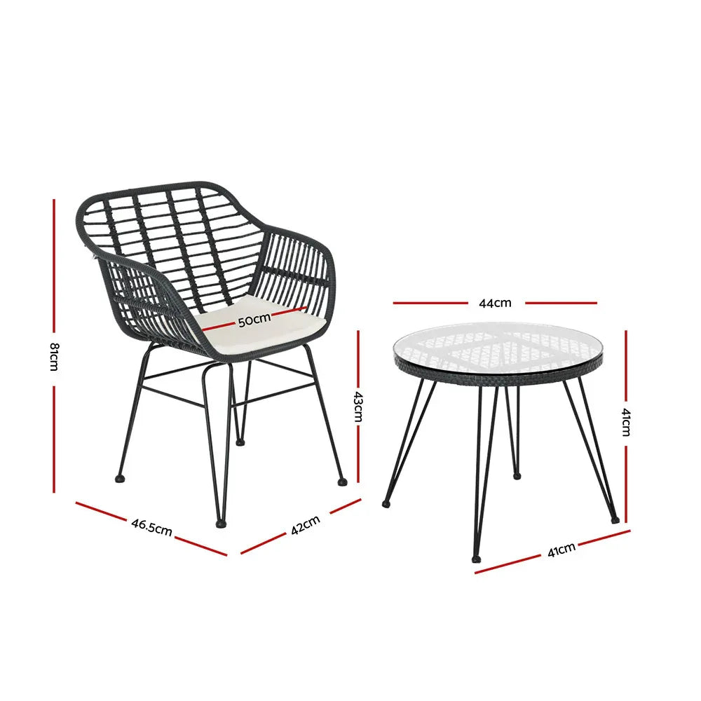 Gardeon 3PC Outdoor Furniture Bistro Set Lounge Setting Table Chairs Cushion Patio Grey - Mekamart Australia