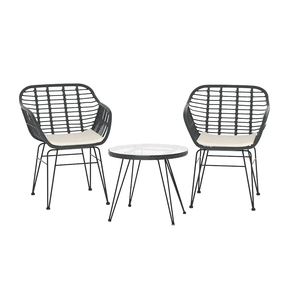 Gardeon 3PC Outdoor Furniture Bistro Set Lounge Setting Table Chairs Cushion Patio Grey - Mekamart Australia