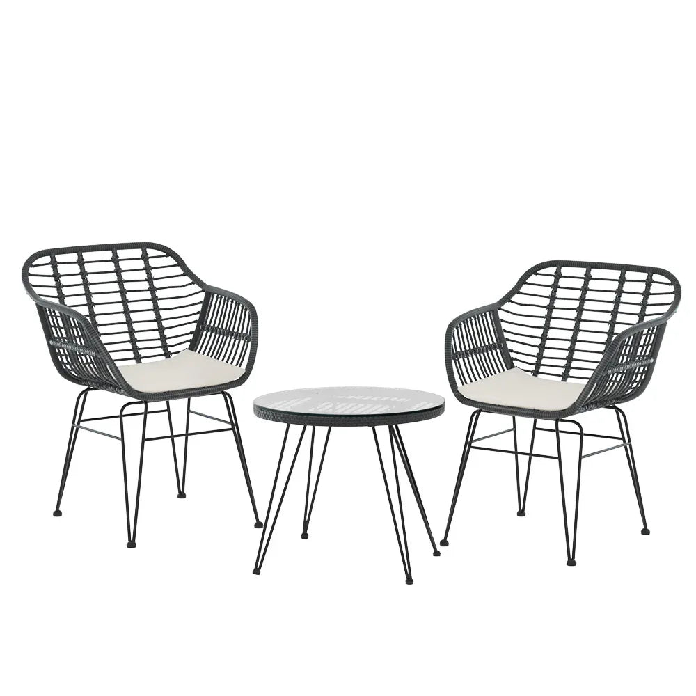 Gardeon 3PC Outdoor Furniture Bistro Set Lounge Setting Table Chairs Cushion Patio Grey - Mekamart Australia